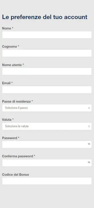 Processo di registrazione di Betmartini su smartphone